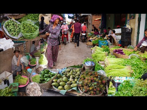 Morning Food Market Scene @Siem Reap - Plenty Fresh Rural Vegetable, Dry Fish & More Food In Market