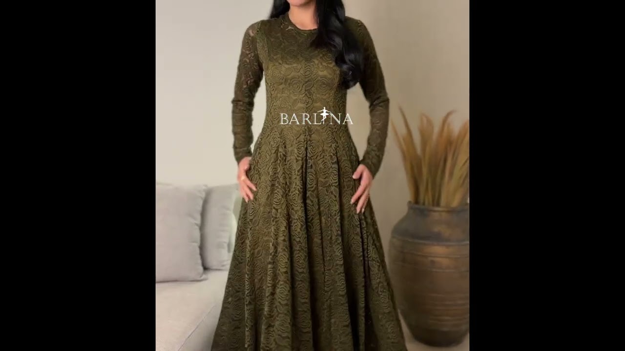 Olive green lace flared dress with a round neckline - XXL
