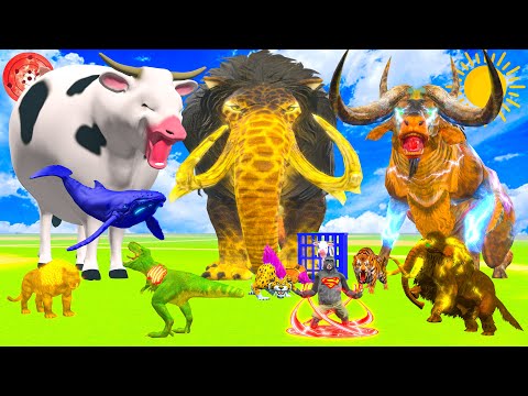 Learn Animal Names: Gorilla Superman Fights Dinosaur, Leopard, Tiger To Save Cow and Buffalo