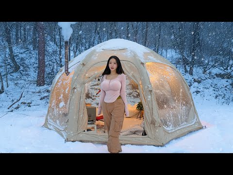 Camping in Snow❄️with Inflatable Hot Tent | Camp ASMR