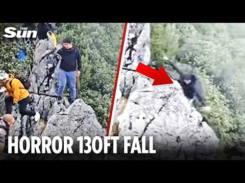 Moment tourist PLUNGES off 130ft cliff as onlookers scream in terror