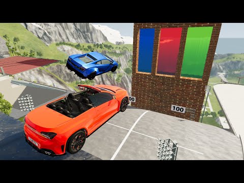 Crazy Vehicle High Speed Jump Through Blue Or Red Or Green Slime Water Wall Crashes - BeamNG drive