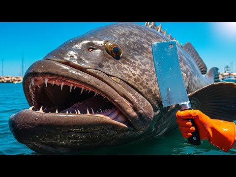 700lb Giant Grouper! Breaking Down the 'Tank of the Ocean' with One Knife"