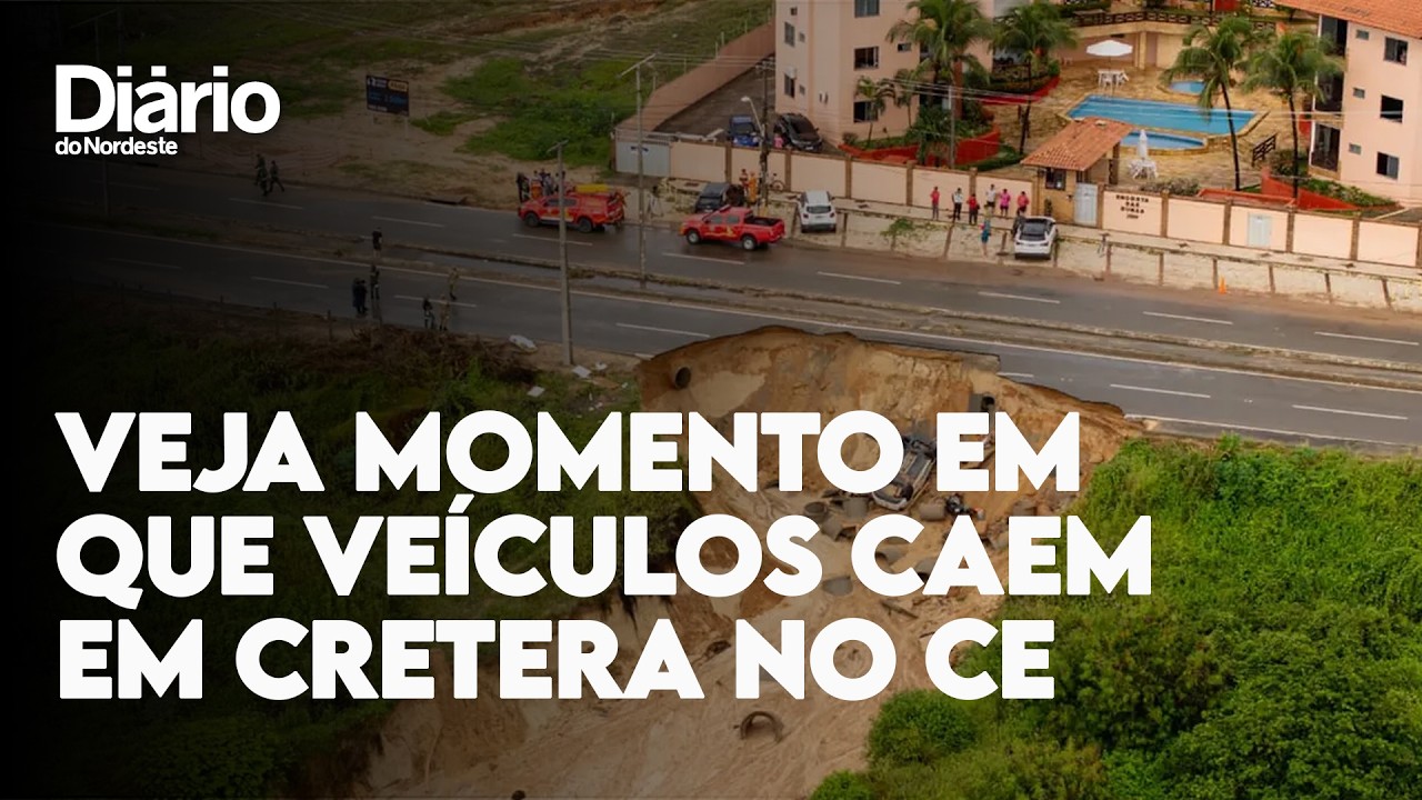 Imagem da notícia Vídeo flagra momento em que asfalto cede, cratera se forma e engole veículos na CE-025, em Aquiraz