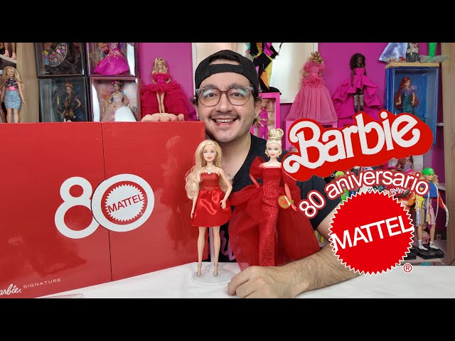 Vídeo relacionado con Barbie Mattel 80 aniversario Muñeca de moda de celebración rubia con vestido rojo rubí, collar y zapatos plateados, juguete coleccionable, JGD25