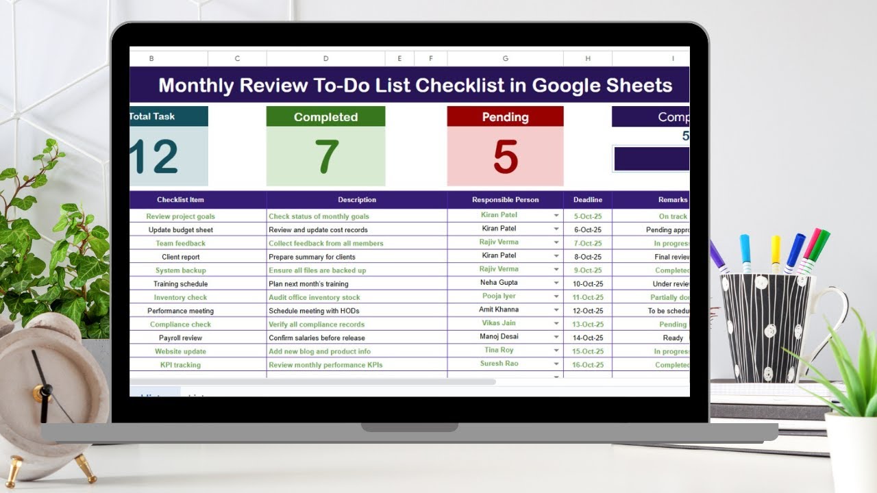 Monthly Review to Do List Checklist in Google Sheets