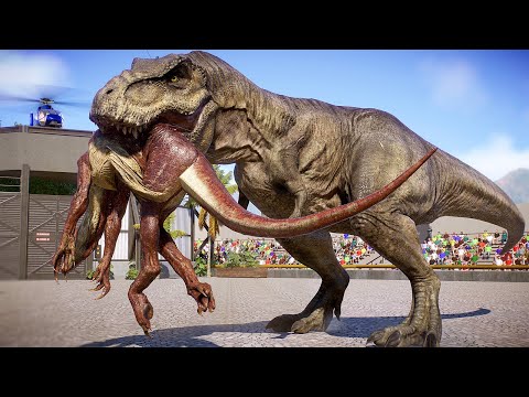 T-REX 2022 vs ALL DINOSAURS BATTLE ON ISLA NUBLAR - Jurassic World Evolution 2