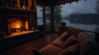 Rainy Evening In A Cozy Lakeside Cabin | Warm Fireplace Sounds For Deep Sleep