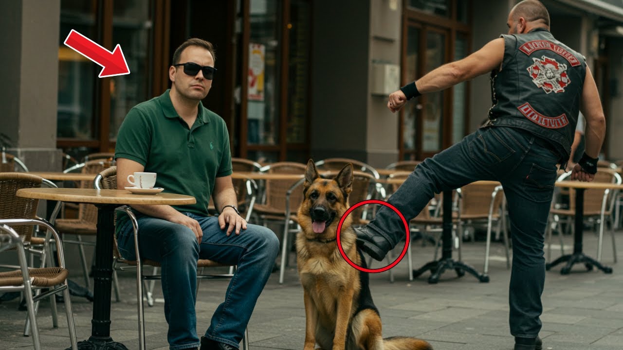 Motorcyclist kicks blind man's German shepherd as a joke, not knowing the dog is a K9 dog