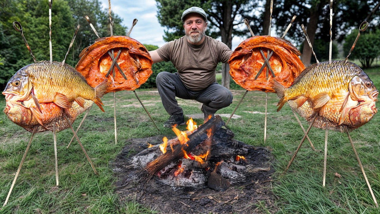 Primitive Grilled Fish Over Fire in Village Backyard
