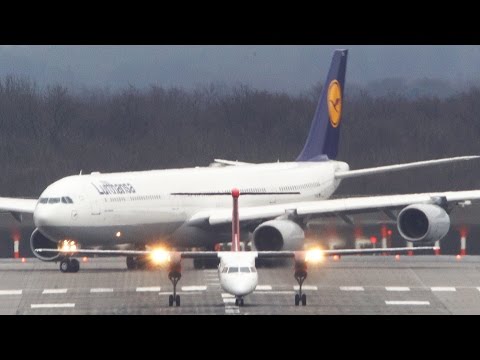 Dash 8 vs. Airbus A340-600 - Get OUT of my WAY - Lufthansa Airbus A340-600 Departure