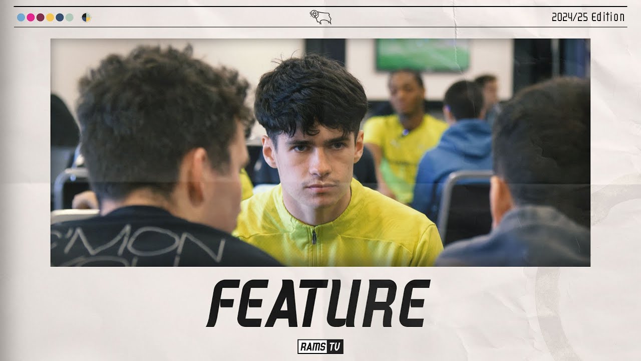 A feature from Rams TV made to look like the front cover of a newspaper with a photo of current students talking to a Derby County Football Club Academy player