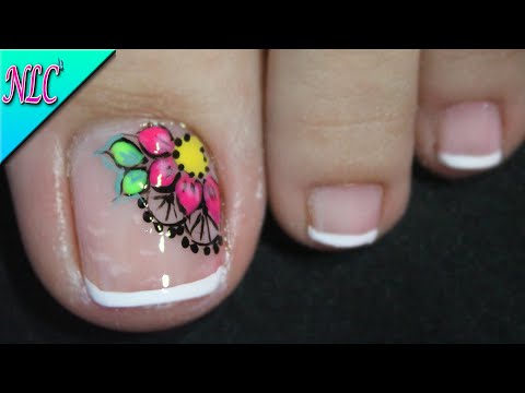 DISEÑO DE UÑAS PARA PIES FLOR CON MANDALAS Y FRANCÉS – FLOWERS NAIL ART – FRENCH NAIL ART – NLC