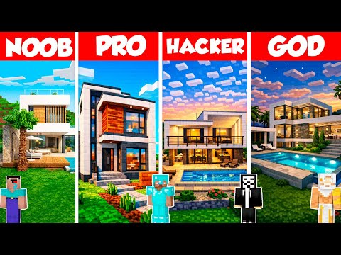 Modern Villa Build Battle Challenge - Noob vs Pro vs Hacker vs God - Minecraft Animation