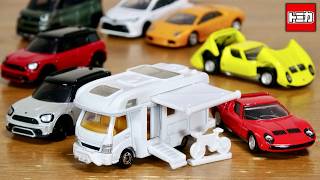 今月の新作トミカは遊べる車両だらけ！2026年7月新車 キャンピングカーはタープや自転車にドアが・前後のカウルが開閉 トミカプレミアム ランボルギーニ ミウラ・シンプル ミニクーパー カントリーマン