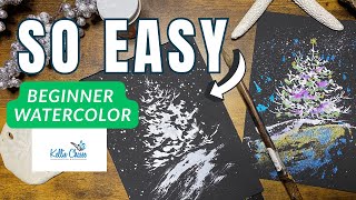 Easy Watercolor Painting for Beginners Christmas Holiday Tree | Black Watercolor Paper