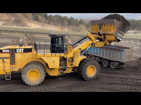 Caterpillar 992G Wheel Loader Loading Coal On Trucks With 1 Pass-Sotiriadis/Labrianidis Mining Works
