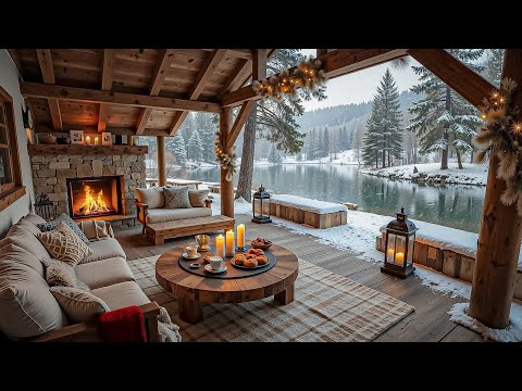 Cozy Winter Porch on a Snowy Day ❄ Smooth Jazz Music, Fireplace Sound for Study, Work & Relax