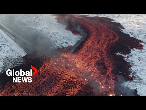 Iceland volcano: Mesmerizing drone video shows bubbling lava swallow road near Blue Lagoon