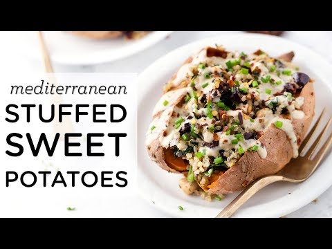 VEGAN STUFFED SWEET POTATOES ‣‣ with Mediterranean Quinoa