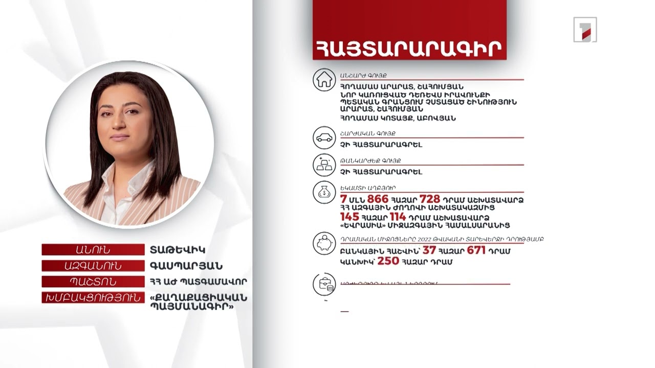 3 անշարժ գույք, 287 հազար դրամ. ՀՀ ԱԺ պատգամավոր Տաթևիկ Գասպարյանի հայտարարագիրը