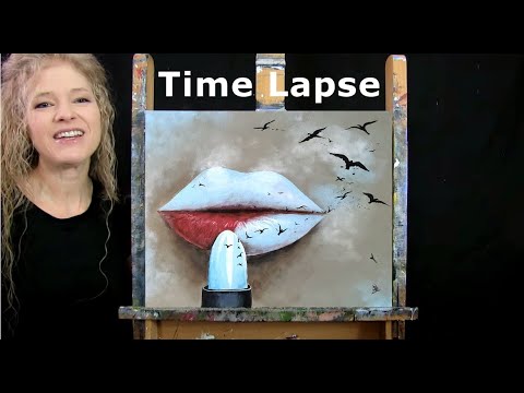 TIME LAPSE - Learn How to Paint "FLY AWAY LIPS" with Acrylic - Fun Surreal Step by Step Tutorial