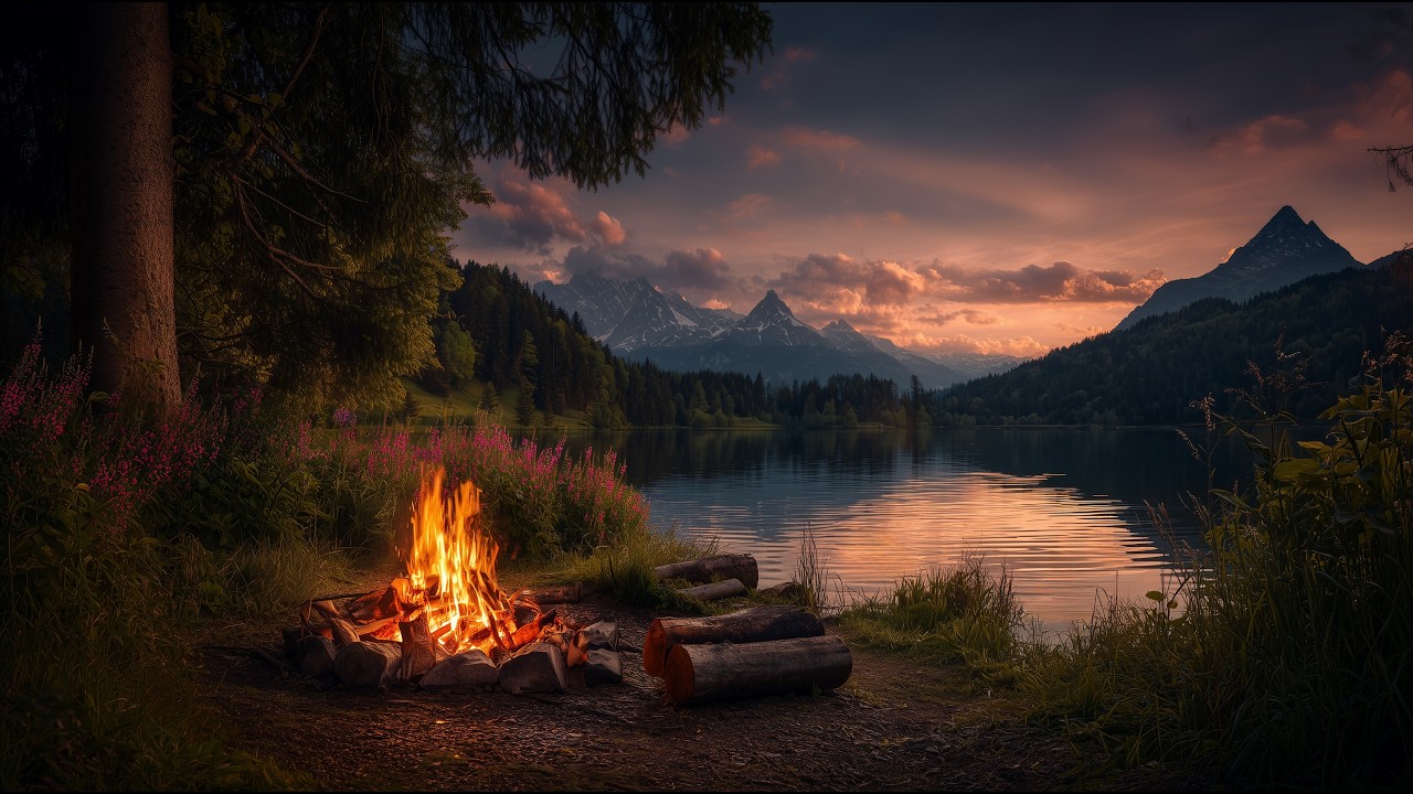 Deep Night Campfire by Lake 4K - 24/7🔥Full Moon Glow and Calm Nature Ambience