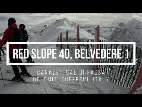 Skiing the Belvedere 1 slope in Canazei (Red 40)