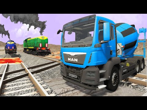 Truck Rescue Stuck Cars vs Lava Crosses Railroad - Double Rails and Stops the Train - BeamNG.Drive