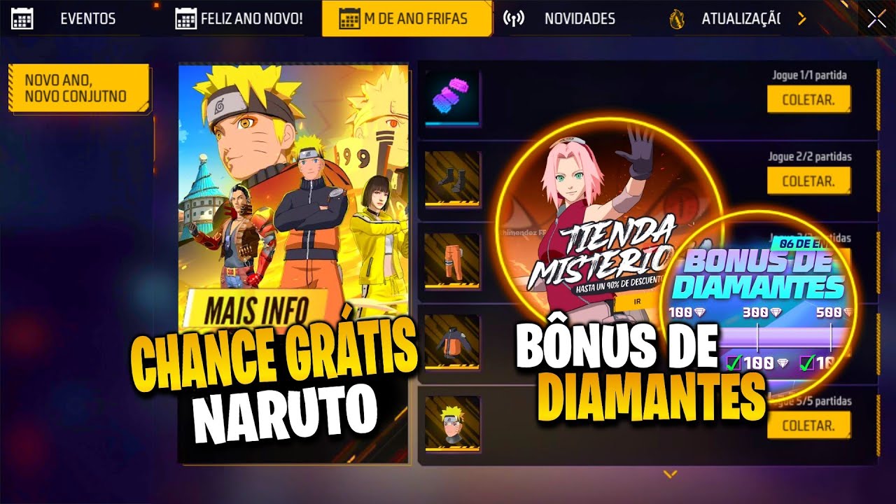 GARENA GENTE BOA!! 2 CHANCES PARA OBTER SKIN NARUTO GRÁTIS E LOJA MISTERIOSA - NOVIDADES FREE FIRE