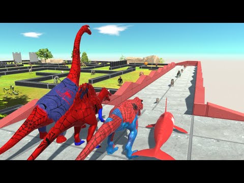TEAM SPIDER-MAN DINOSAURS DEATH RUN - Animal Revolt Battle Simulator