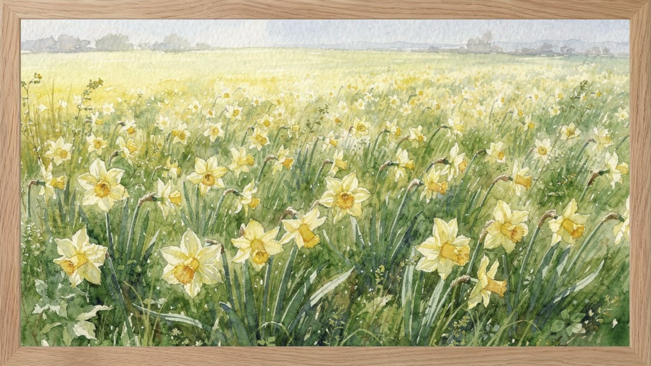 Spring Daffodil Field Watercolor Wood Frame πΌ Soft Floral Landscape | 4K Frame TV Art 2 Hours β 4K ambient art screensaver in baroque gold frame