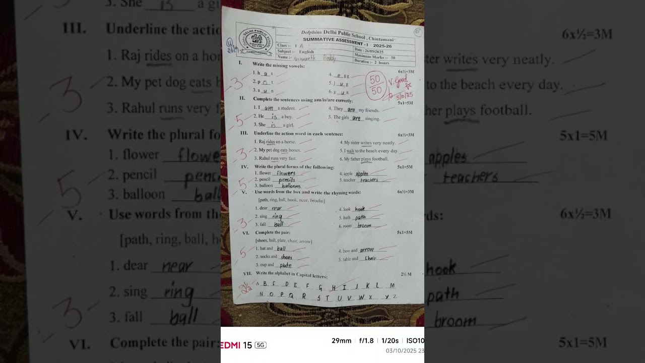 1Std SA-1 Question paper with answers#english #education