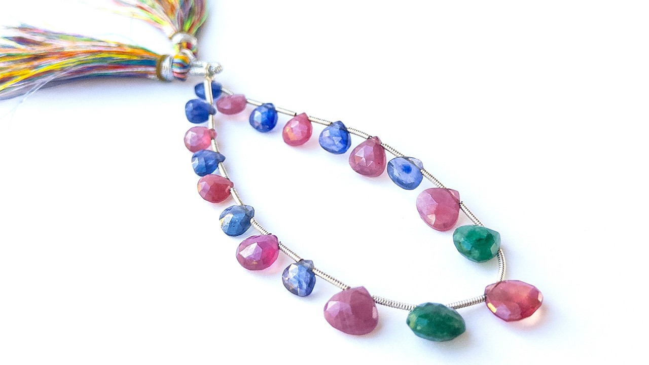 Multi Precious - Ruby, Blue Sapphire & Emerald | Faceted Briolette | 7-10mm Bead Size | 19 Pieces | 51 Carats video