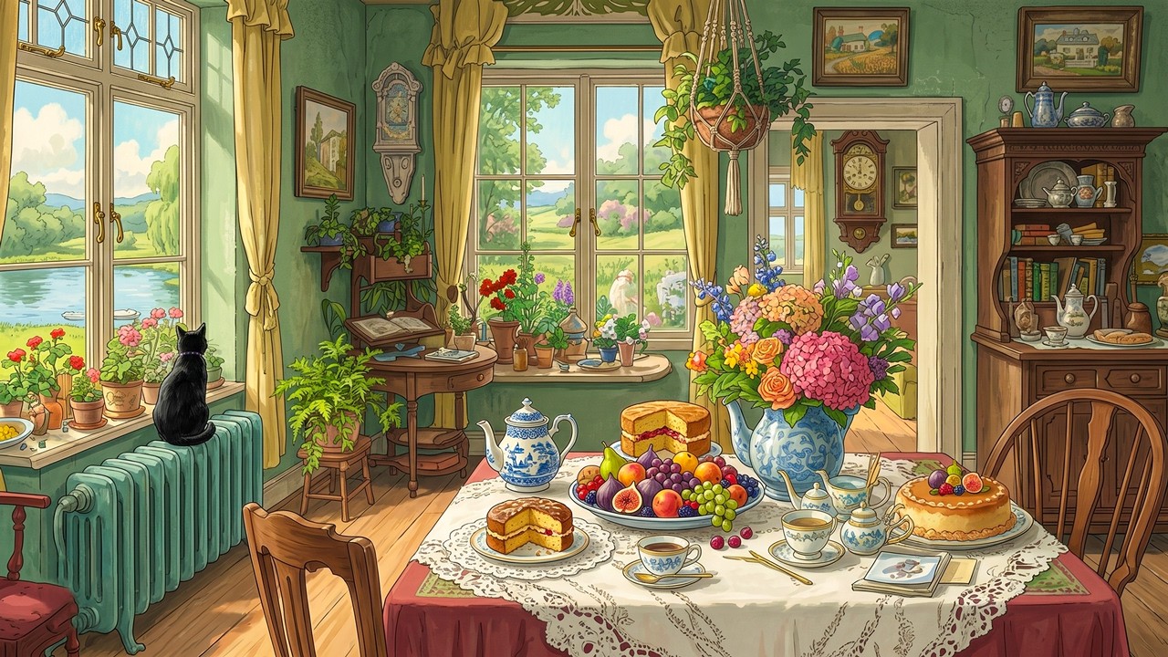 Peaceful Day in Grandma’s Cottage with Classic Nostalgic 1940s Music Playing in Another Room