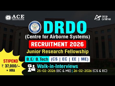 DRDO JRF Recruitment 2026 | Stipend: Rs. 37,000/- + HRA | Last Date: 26-02-2026 | ACE Online