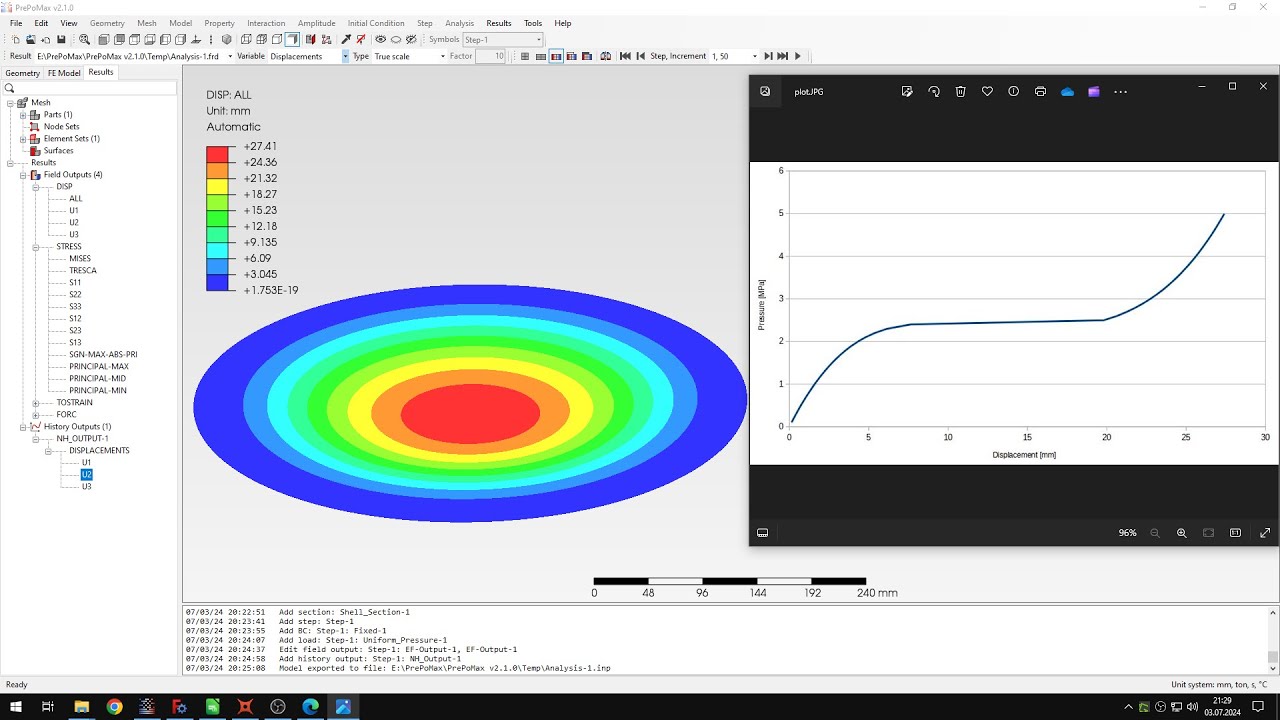 PrePoMax (CalculiX FEA) - Tutorial 44 - Snap-through buckling of a spherical shell