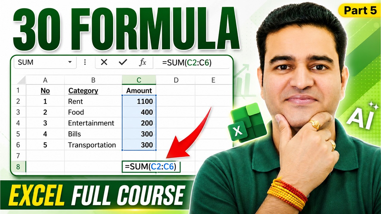 MS Excel 30 Formulas full Tutorial in Hindi | #msexcelcourse #excelformulas