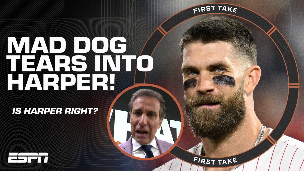 Mad Dog tells Bryce Harper to GROW UP after his reaction to Dombrowski’s comments | First Take
