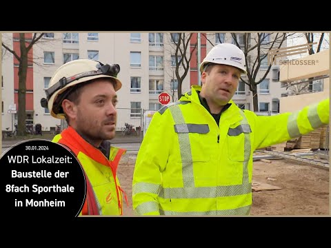 WDR Lokalzeit vor Ort: Baustelle der 8fach Sporthalle in Monheim am Rhein