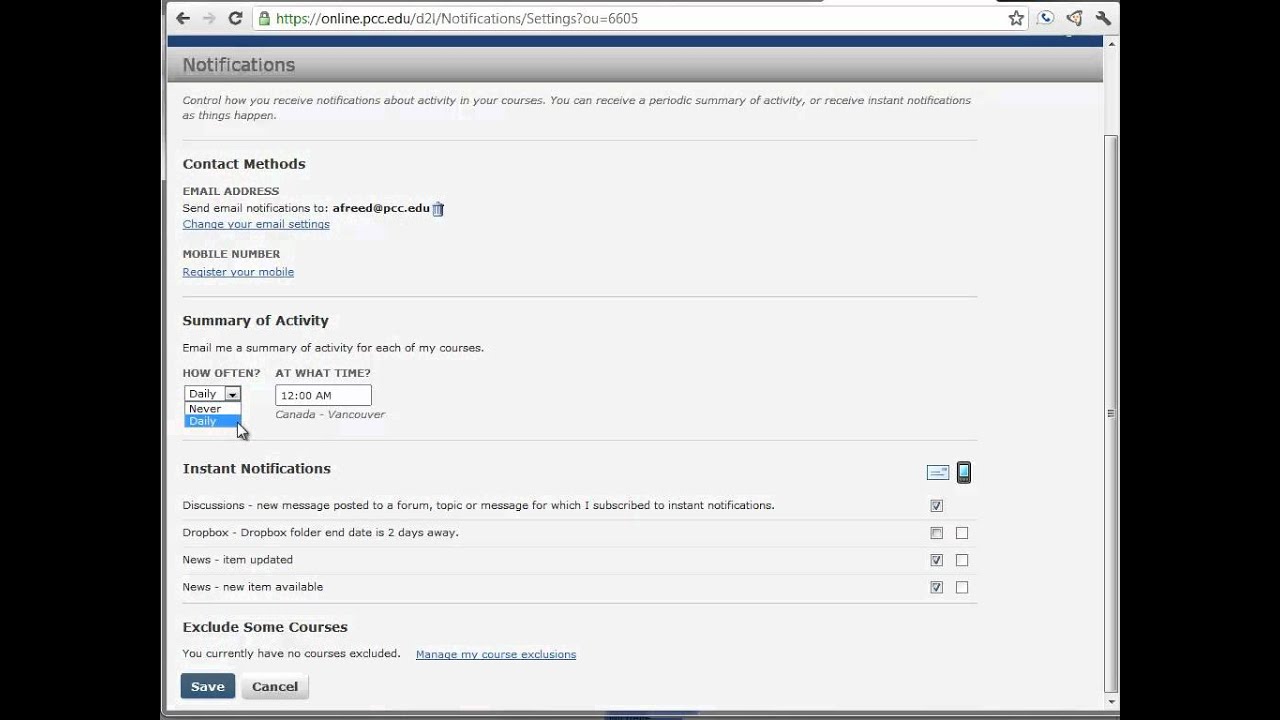 Disable Summary of Activity settings for Desire2Learn