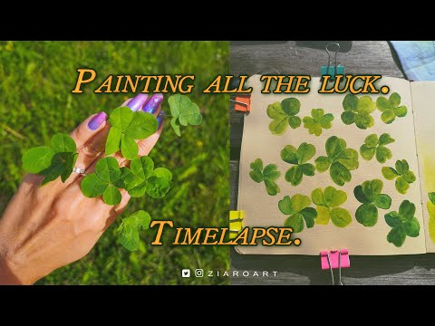 Four-leaf clovers watercolor painting time lapse.