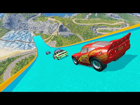 Rayo Lightning McQueen Aqua Colored Mega Ramp Jump Testing - BeamNG Drive