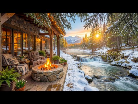 Serene Winter Forest Riverside Cabin Porch 🔥🌊 River Sounds, Fire Pit & Nature Sounds for Focus