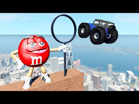 BeamNG Drive Game - Huge Ramp Cars Jumping Through M&M's Ring | Random Vehicles Total Destruction