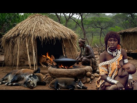 Watch The Hadzabe Tribe's Thrilling Bush Pig Hunt And Mouthwatering Wild Meat Roasting Technique!