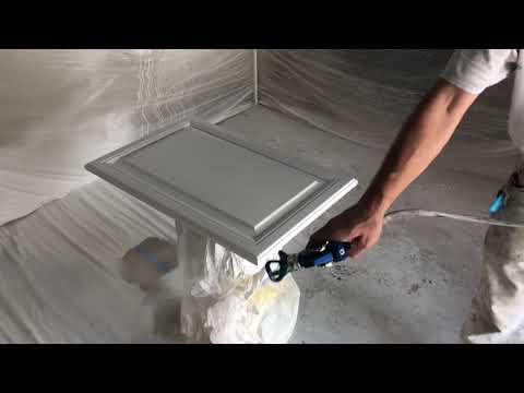 How to spray cabinet doors with an airless sprayer. FFLP 312 tip Sherwin Williams Pro Classic Hybrid