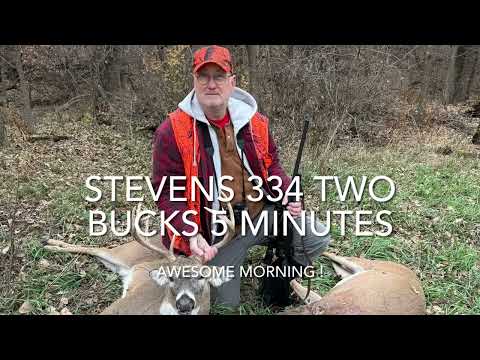 Stevens 334 bolt action rifle in 308 Win. Two buck tags, Two bucks, on my own farm, in 5 minutes
