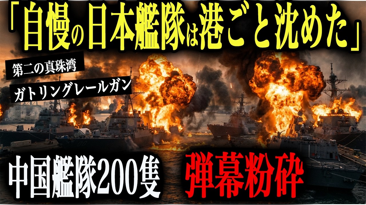 【第二の真珠湾】中国「自慢の日本艦隊は港ごと沈めた」→全港に同時奇襲ミサイル→停泊中の護衛艦隊が壊滅→中国艦隊200隻が侵攻→ガトリングレールガン100機で弾幕殲滅【AIシミュレーション】