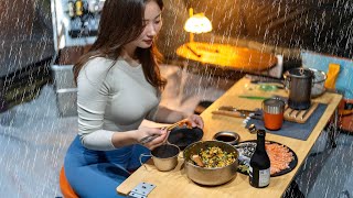 🌧️RAIN CAMPING & MUKBANG BY THE BEACH WITH COZY INFLATABLE TENT